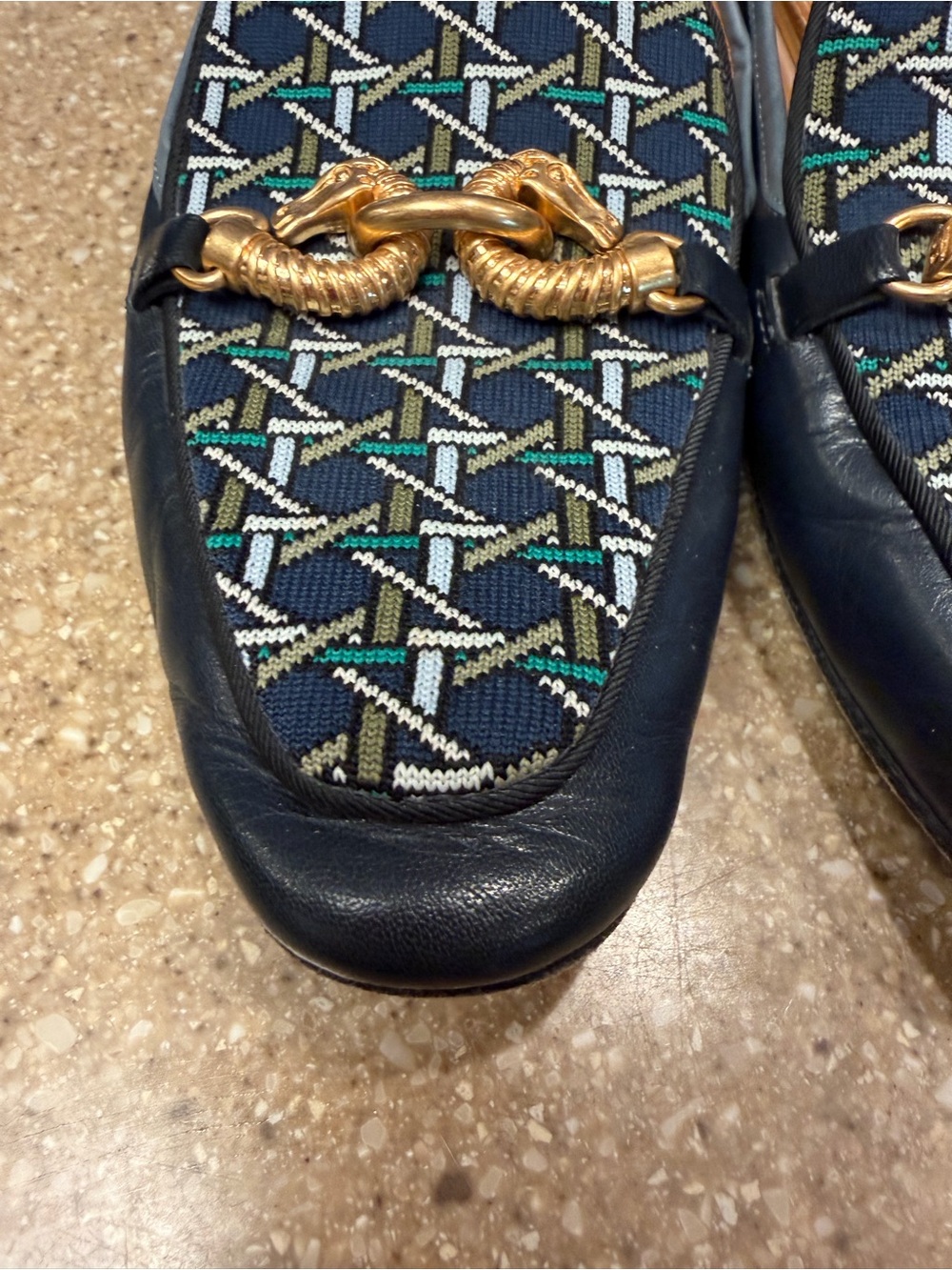 Tory Burch Navy Patterned Leather Slip-On Loafers with Gold Horsebit - Picture 2 of 10